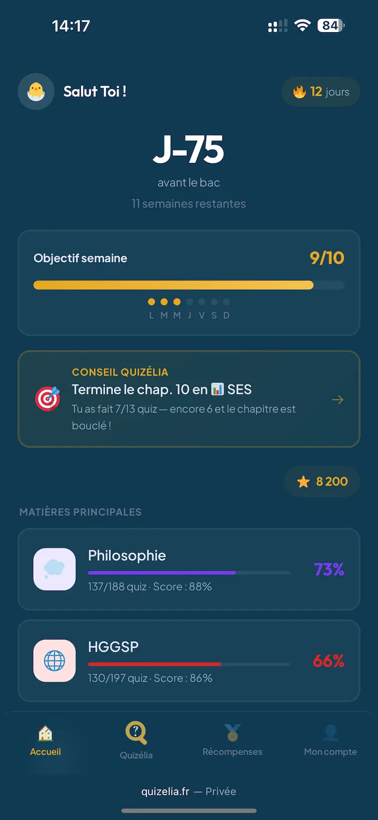 Application quiz révision bac - Dashboard avec progression par matière et compte à rebours bac