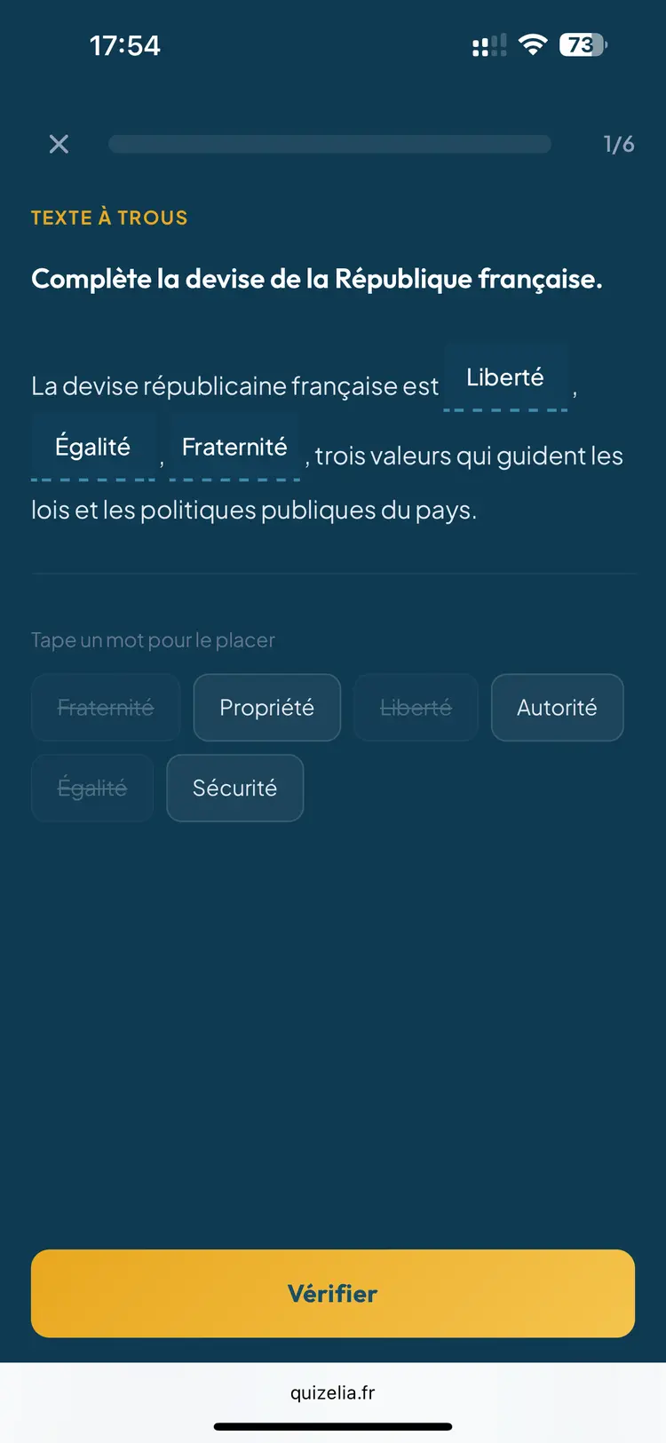 Quiz EMC Première — Texte à trous : Complète la devise de la République française