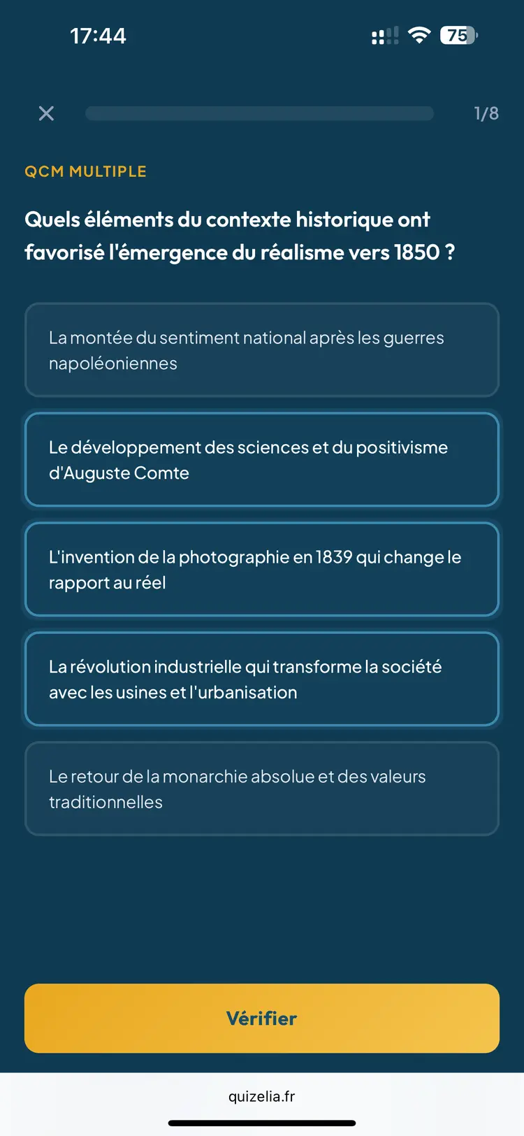 Quiz Français Première — QCM : Quels éléments du contexte historique ont favorisé l'émergence du réalisme vers 1850 ?