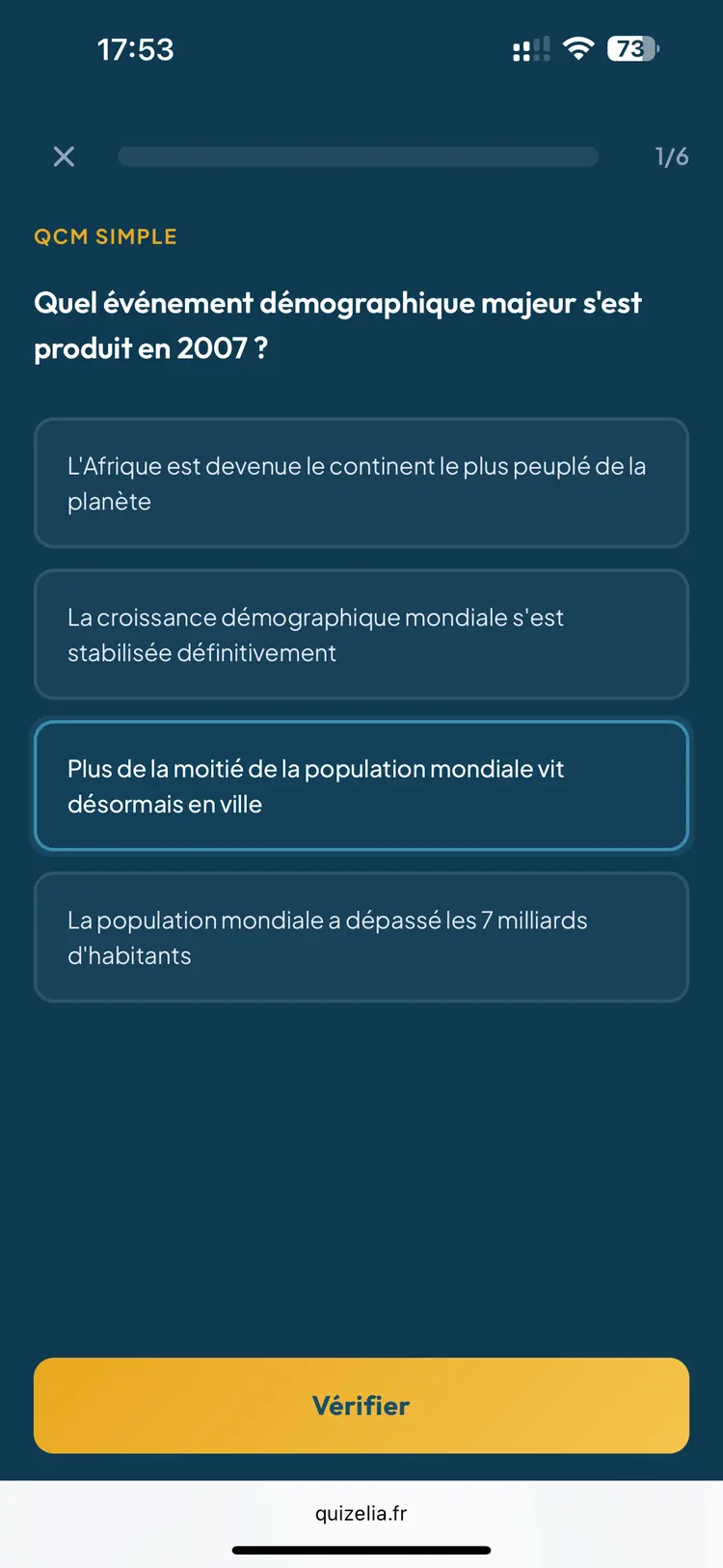 Quiz Histoire-Géo Première — QCM : Quel événement démographique majeur s'est produit en 2007 ?