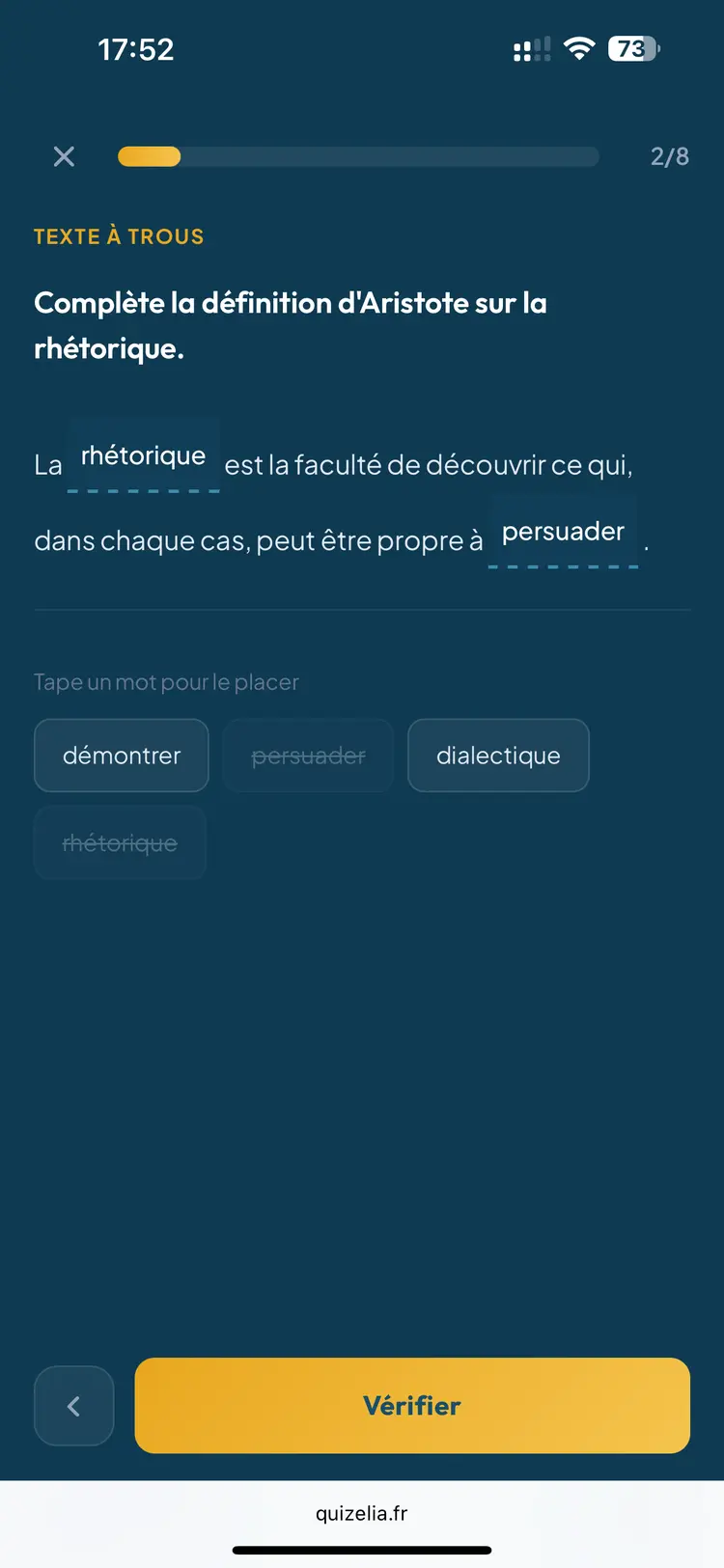 Quiz HLP Première — Texte à trous : Complète la définition d'Aristote sur la rhétorique