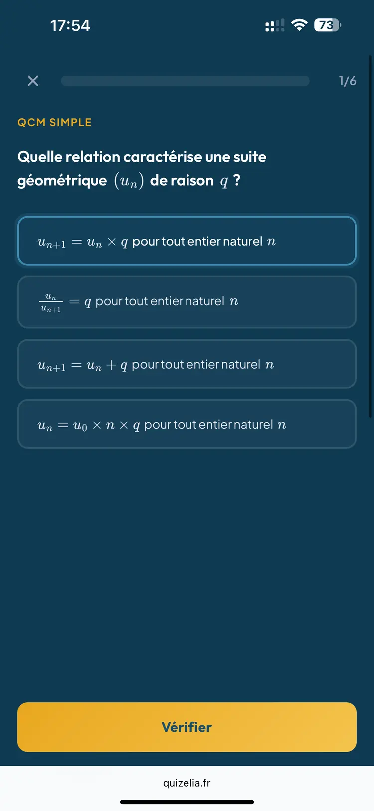 Quiz Maths tronc commun Première — QCM : Quelle relation caractérise une suite géométrique de raison q ?