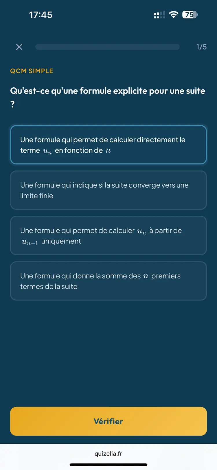 Quiz Maths Première — QCM : Qu'est-ce qu'une formule explicite pour une suite ?