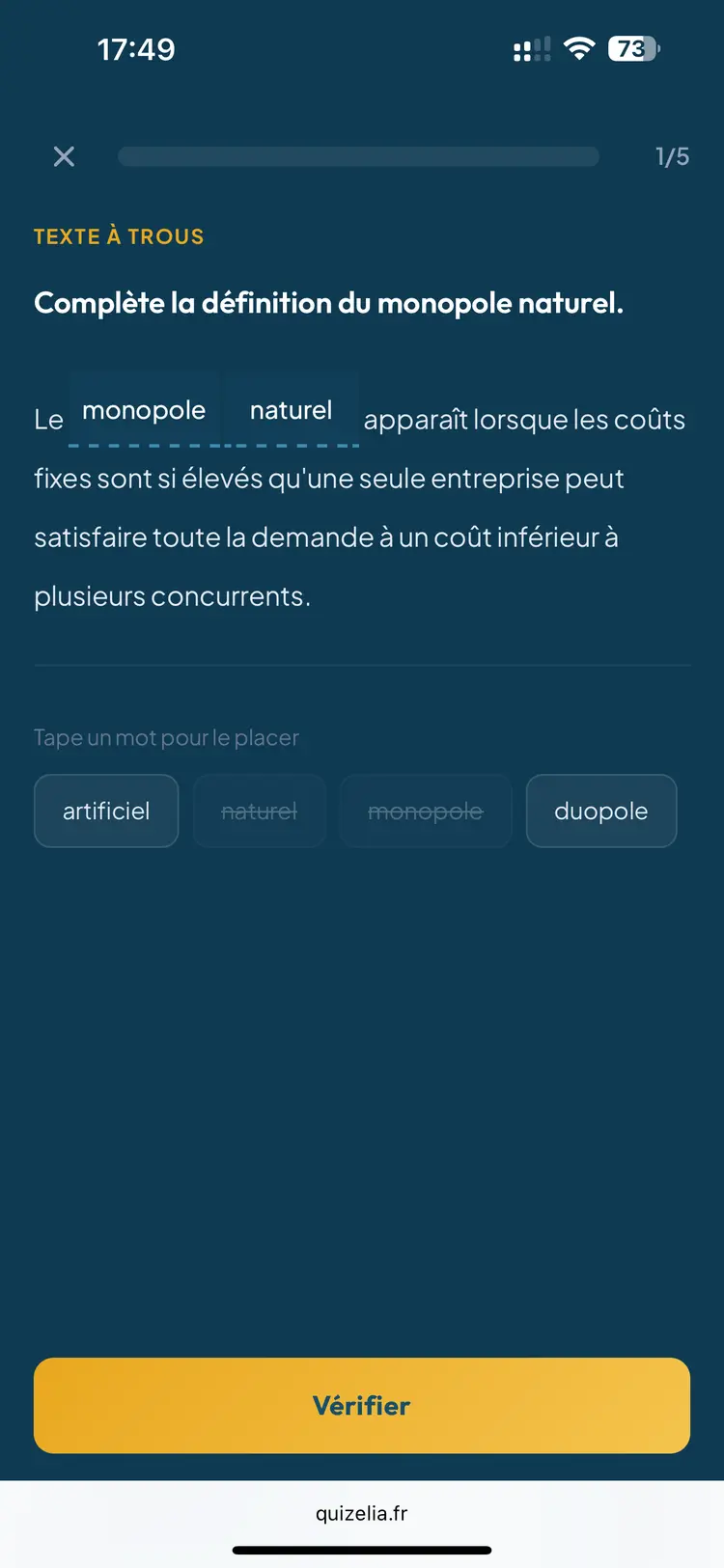 Quiz SES Première — Texte à trous : Complète la définition du monopole naturel
