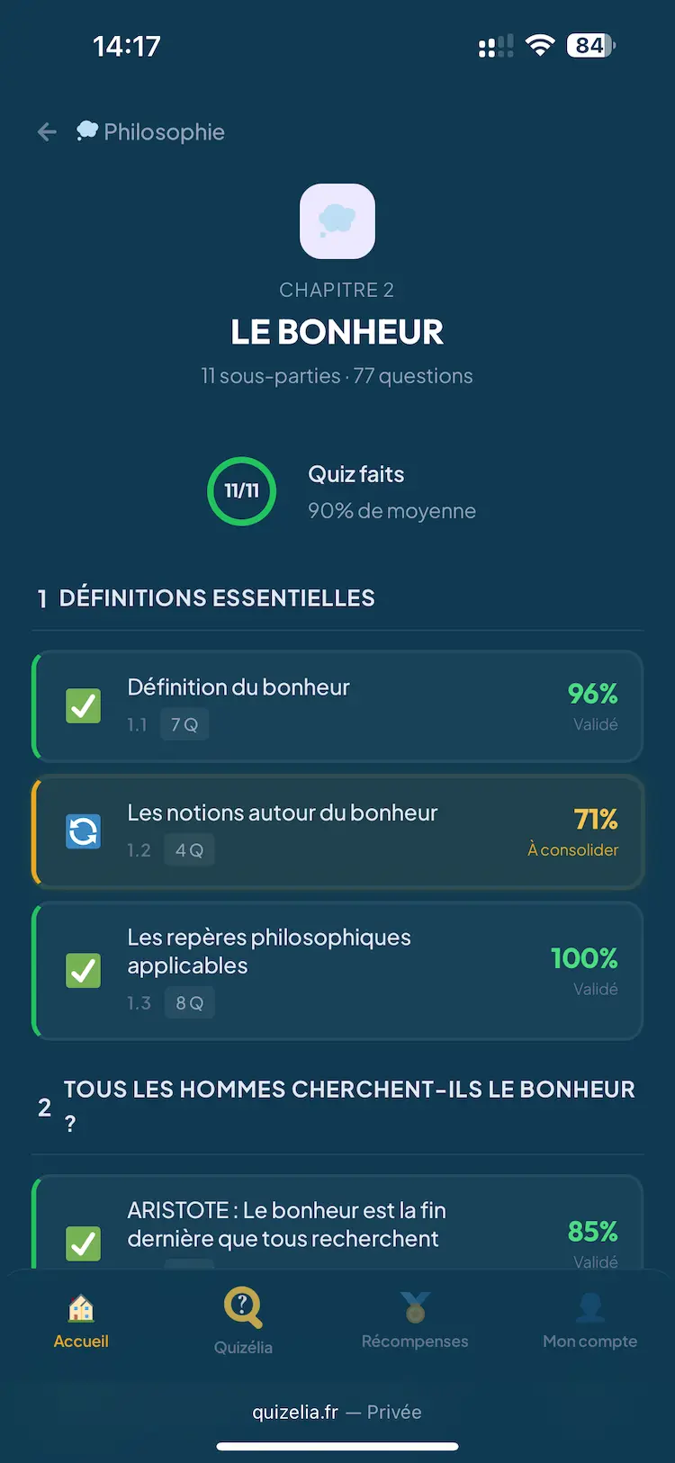 Liste des chapitres de révision avec statut de progression - Quiz lycée