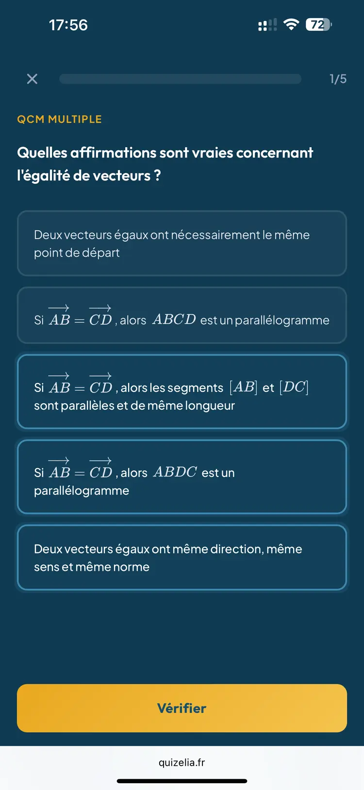 Quiz Maths Seconde — QCM : Quelles affirmations sont vraies concernant l'égalité de vecteurs ?