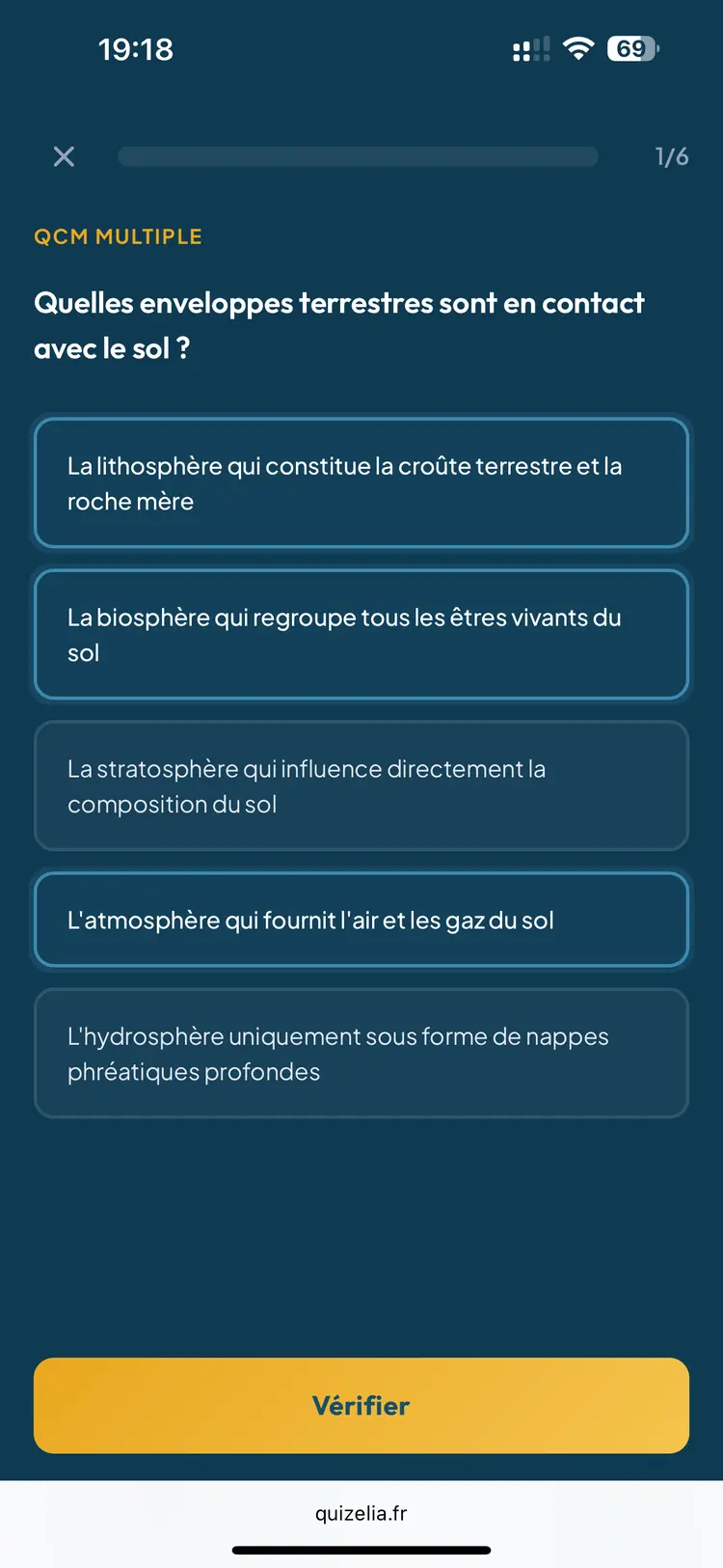 Quiz SVT Seconde — QCM : Quelles enveloppes terrestres sont en contact avec le sol ?