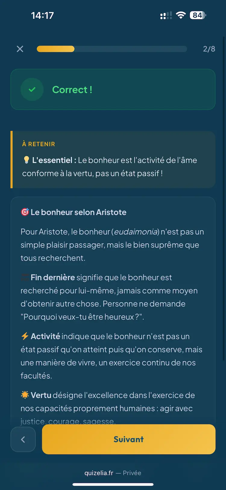 Résultat quiz avec correction détaillée et explication du cours