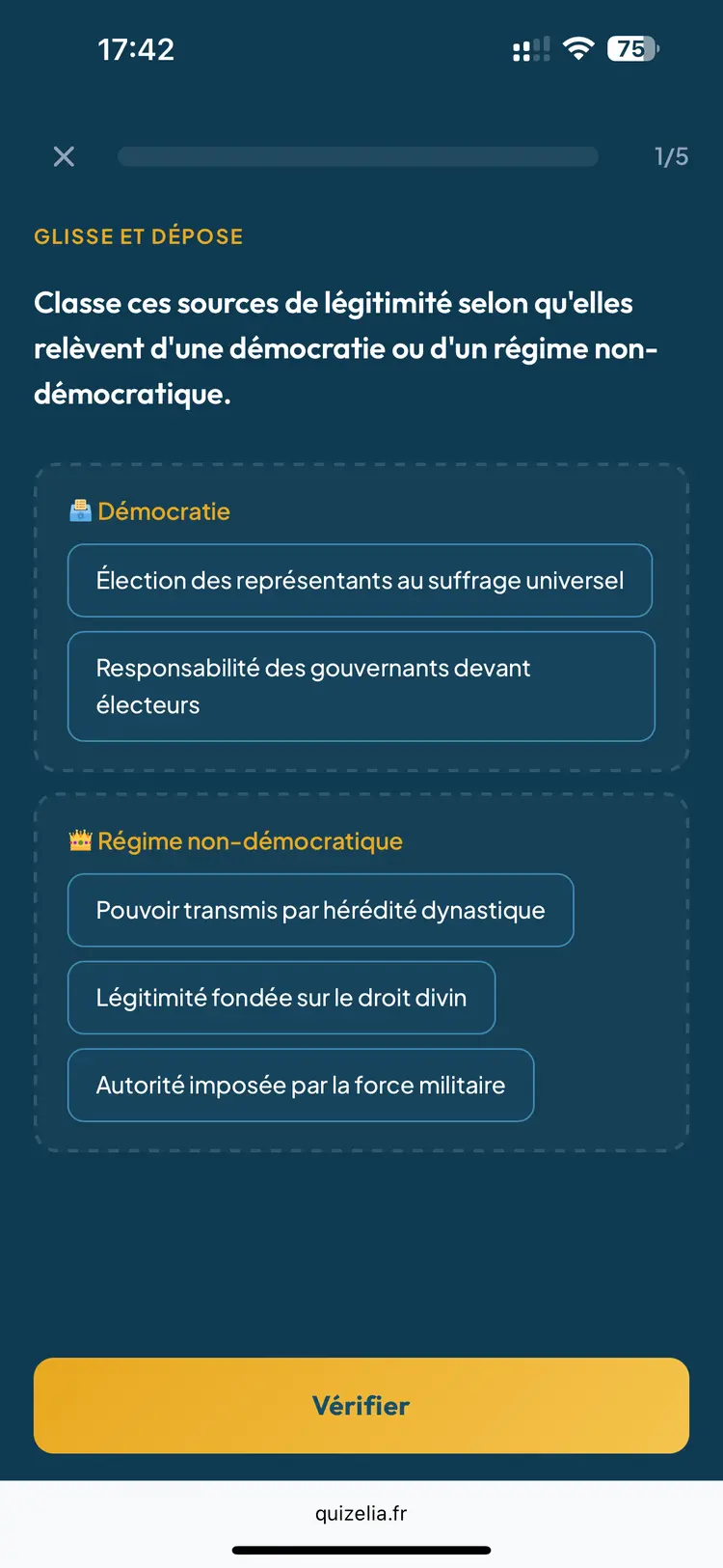 Quiz EMC Terminale — Glisse et dépose : Classe ces sources de légitimité selon démocratie ou régime non-démocratique