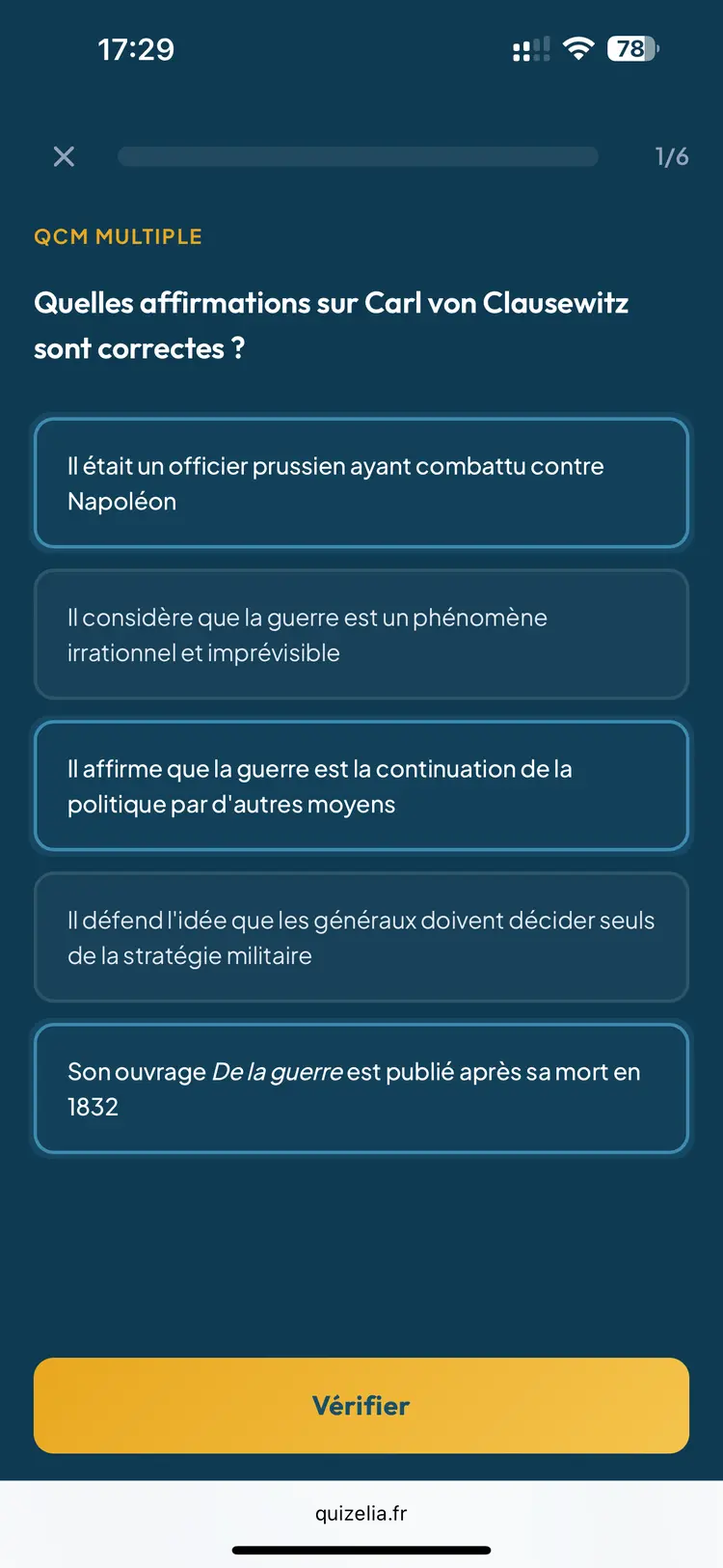 Quiz HGGSP Terminale — QCM : Quelles affirmations sur Carl von Clausewitz sont correctes ?