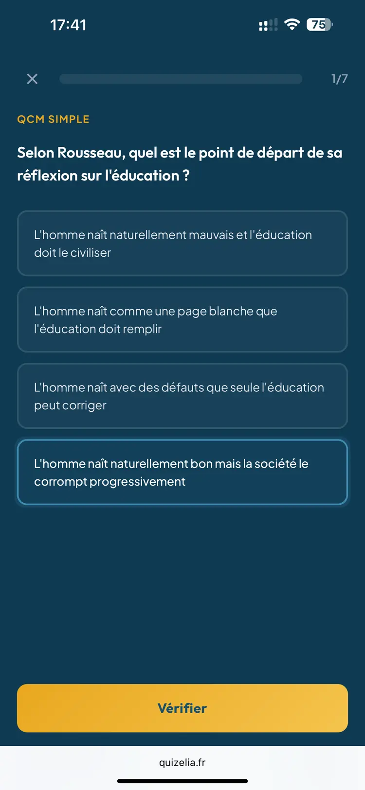 Quiz HLP Terminale — QCM : Selon Rousseau, quel est le point de départ de sa réflexion sur l'éducation ?