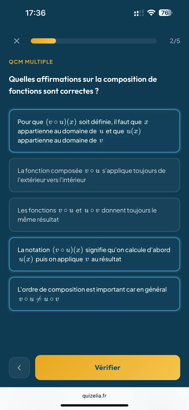 Quiz Maths Terminale — QCM : Quelles affirmations sur la composition de fonctions sont correctes ?