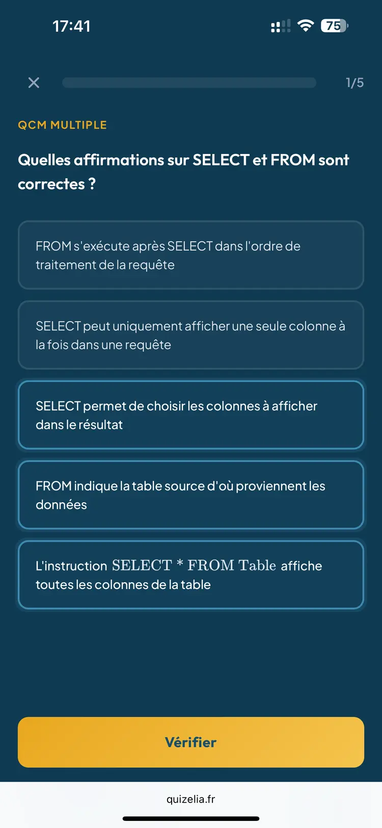 Quiz NSI Terminale — QCM : Quelles affirmations sur SELECT et FROM sont correctes ?