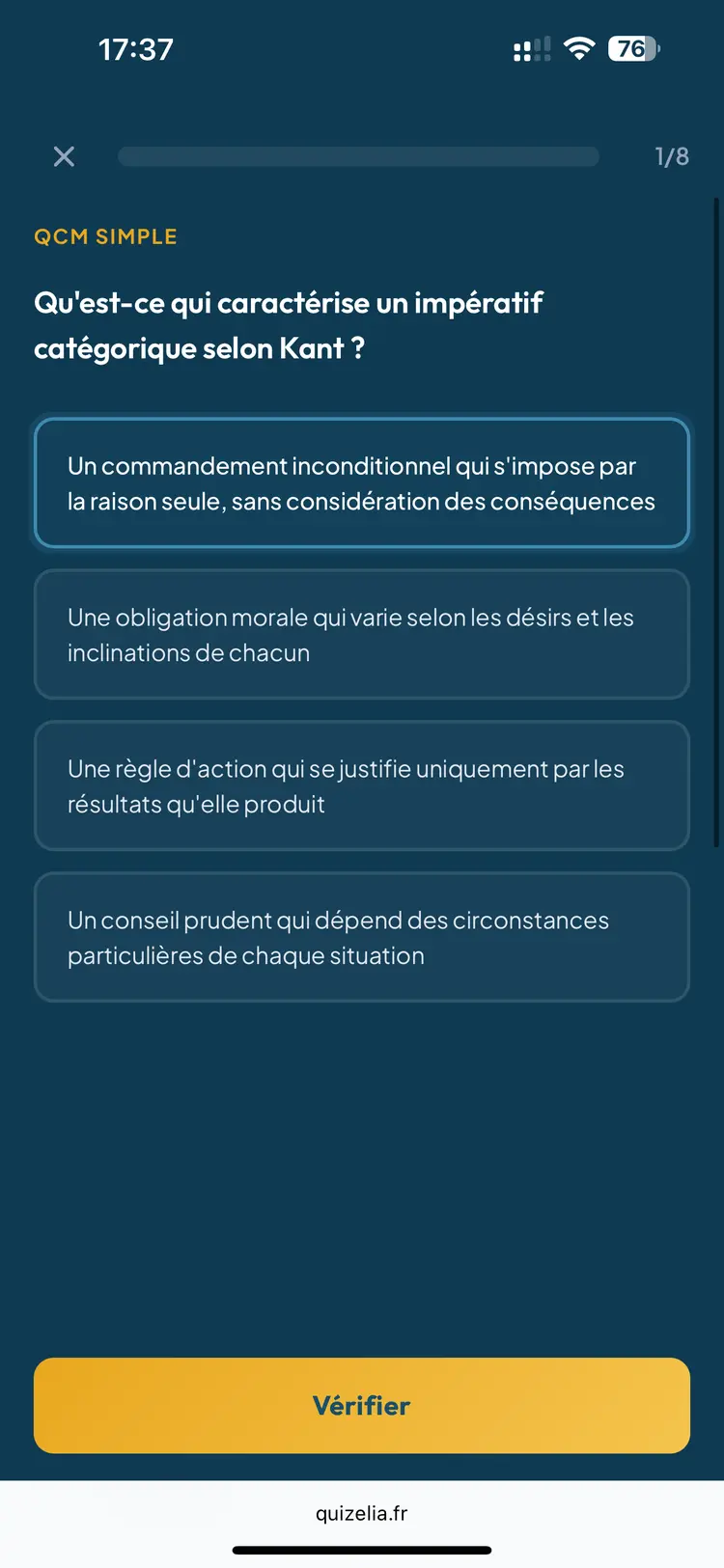 Quiz Philosophie STMG — QCM : Qu'est-ce qui caractérise un impératif catégorique selon Kant ?