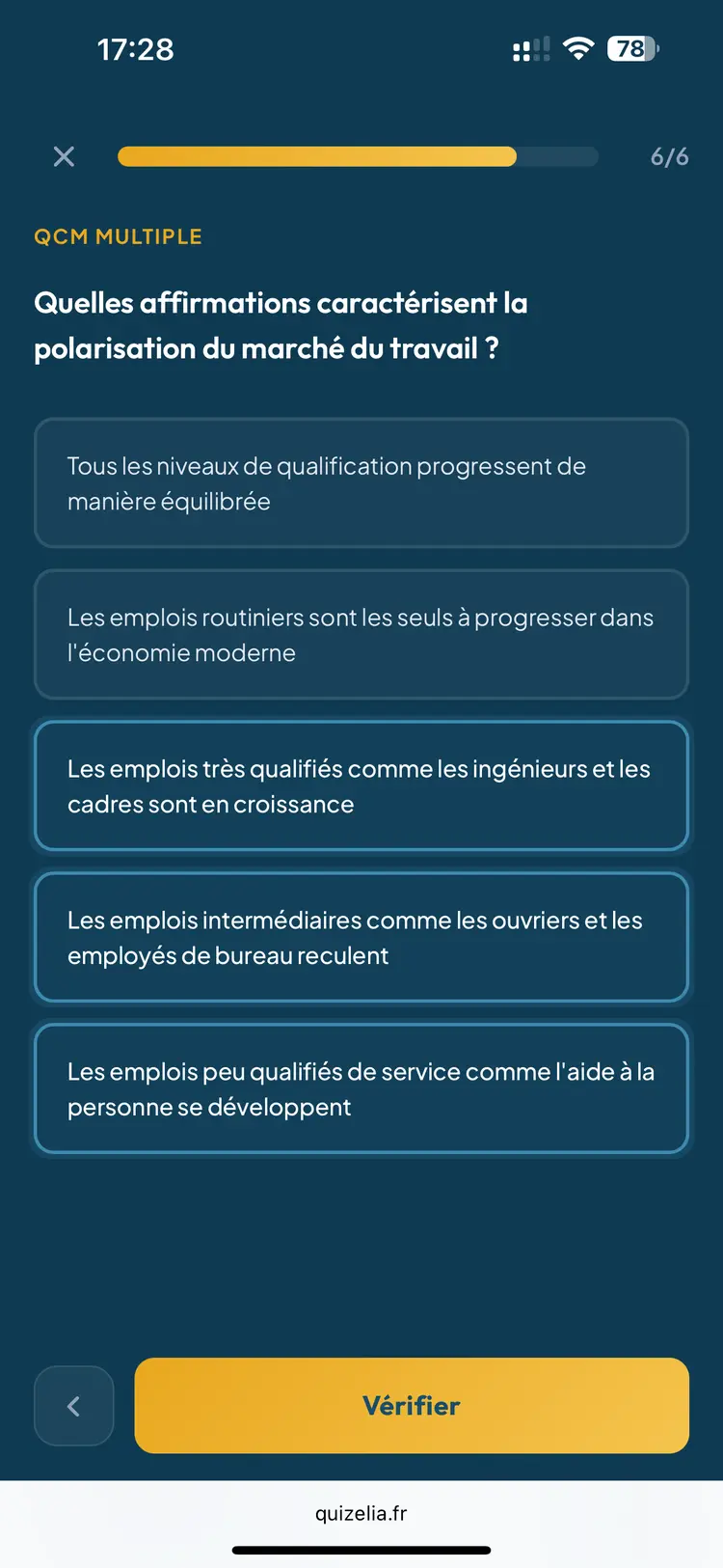 Quiz SES Terminale — QCM : Quelles affirmations caractérisent la polarisation du marché du travail ?