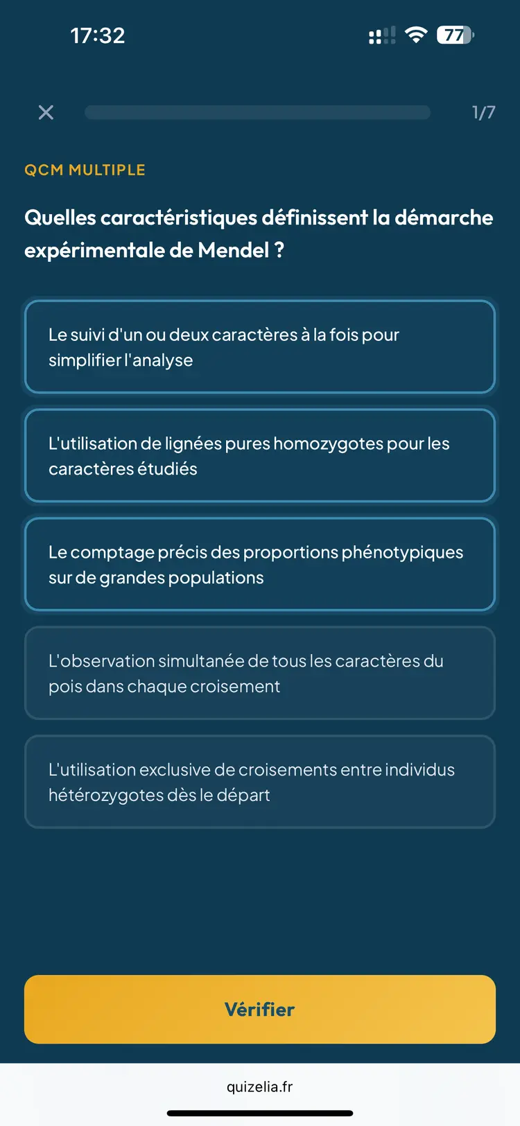 Quiz SVT Terminale — QCM : Quelles caractéristiques définissent la démarche expérimentale de Mendel ?