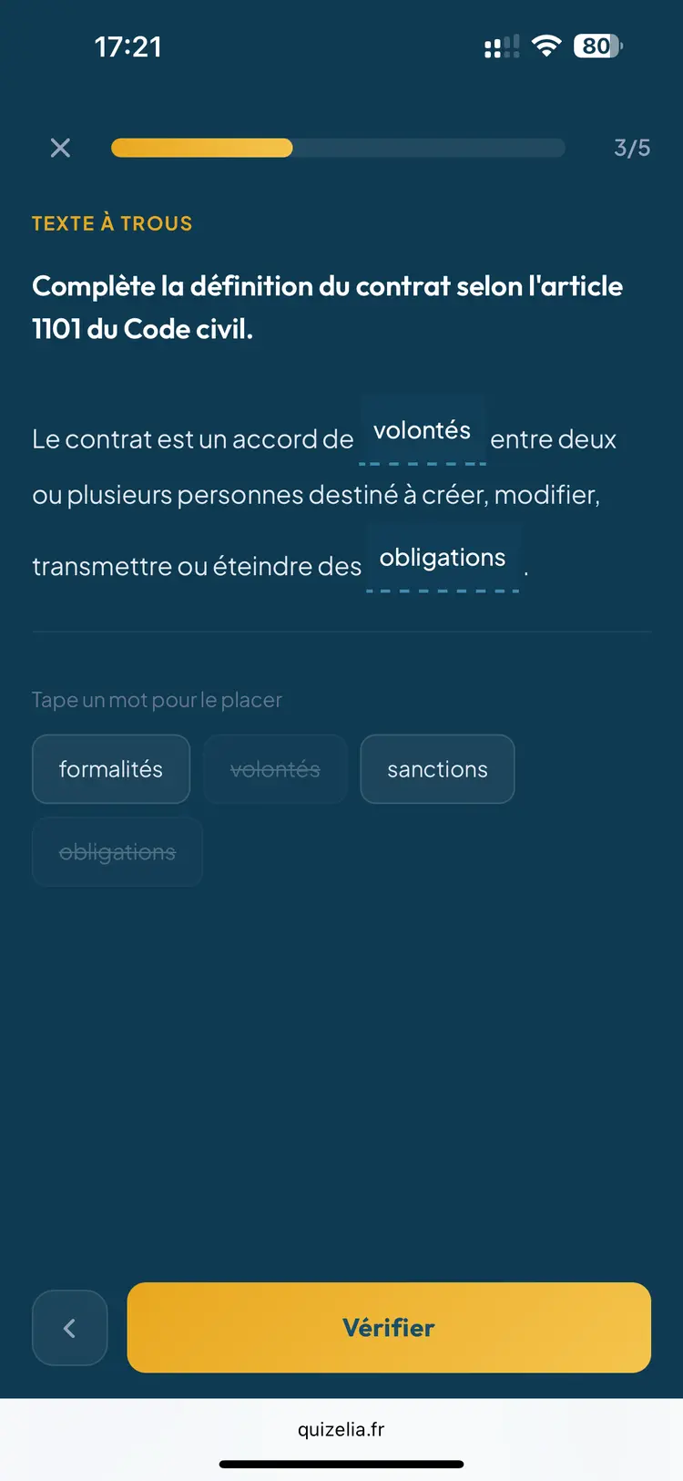 Quiz Droit STMG — Texte à trous : Complète la définition du contrat selon l'article 1101 du Code civil