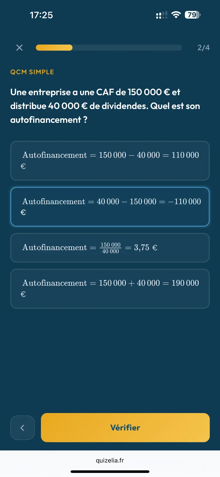 Quiz Gestion Finance STMG — QCM : Une entreprise a une CAF de 150 000 € et distribue 40 000 € de dividendes. Quel est son autofinancement ?