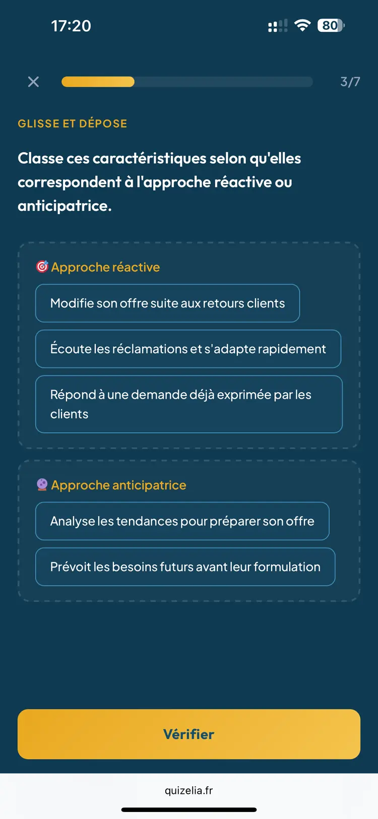 Quiz Management STMG — Glisse et dépose : Classe ces caractéristiques selon l'approche réactive ou anticipatrice