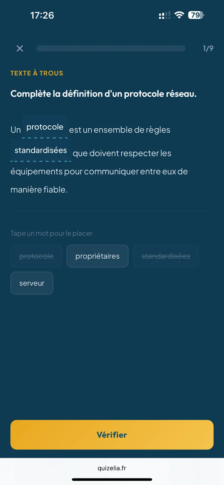 Quiz Systèmes d'Information STMG — Texte à trous : Complète la définition d'un protocole réseau